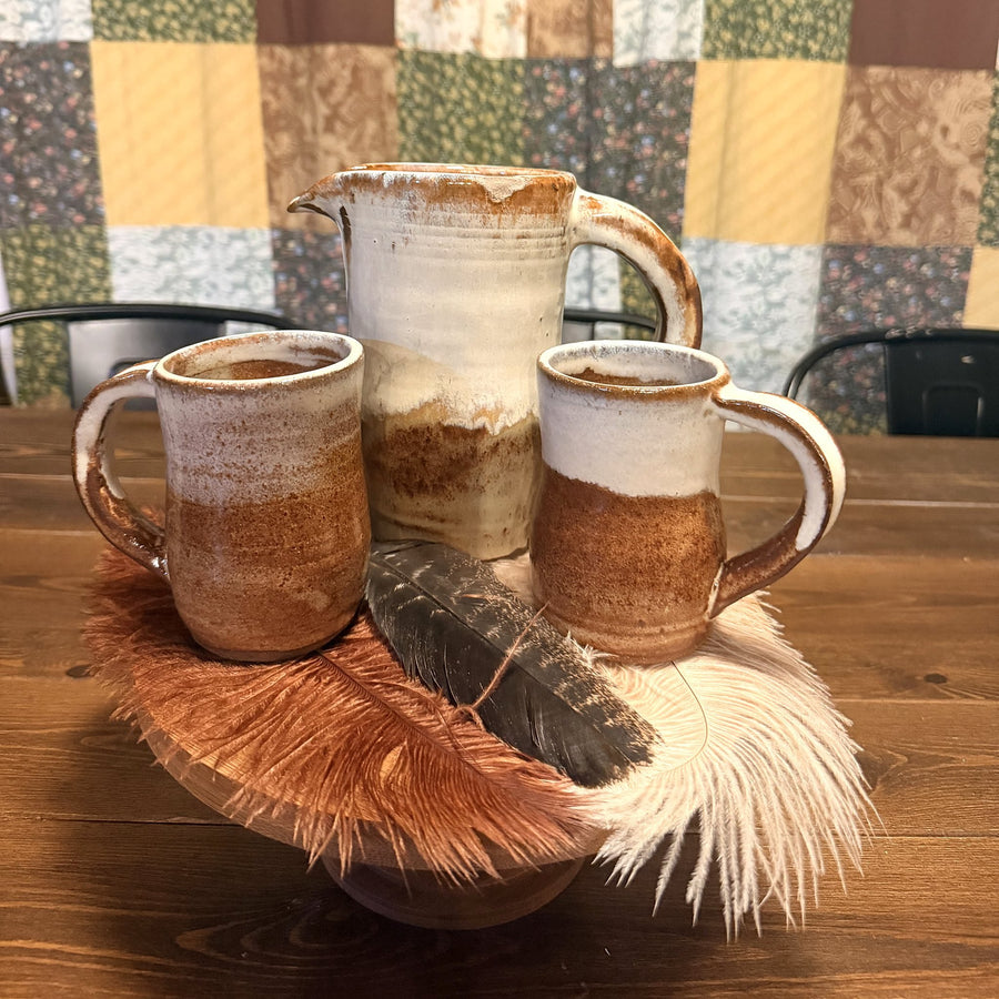 Vintage Set: Falls Creek Brown Pitcher and Mugs, handmade by Psalm 91 Pottery